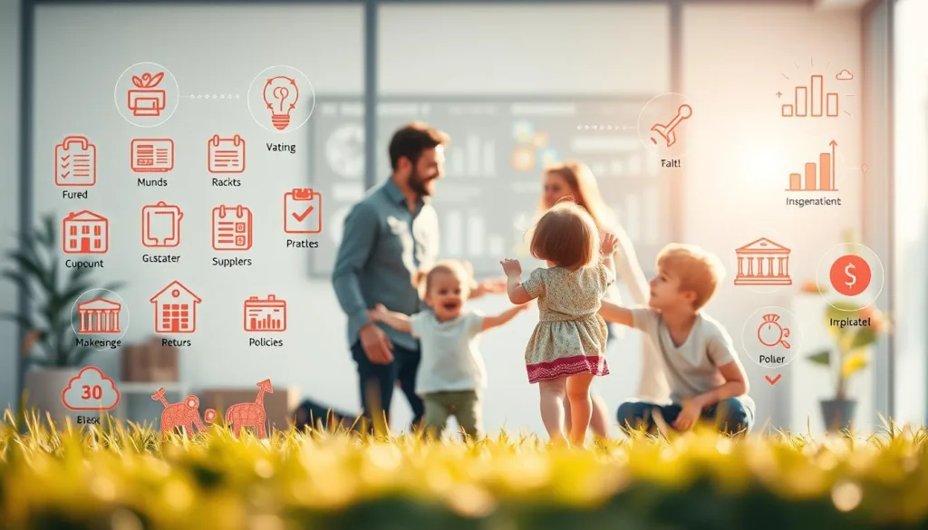 A bright, modern illustration showcasing diverse Kindervorsorge Strategien. In the foreground, a family plays happily, surrounded by vibrant icons representing educational funds, investment accounts, and insurance policies. The middle ground features a financial advisor guiding them through options, with a sleek, tech-savvy interface in the background. Lighting is warm and inviting, with a polarized lens capturing the scene's clarity and depth. The overall mood is one of security, optimism, and a well-planned financial future for the child.
