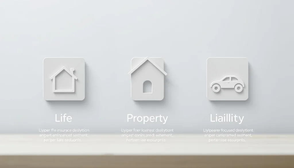A clean, minimalist infographic showcasing the three main categories of insurance: life, property, and liability. Subtly textured backgrounds in complementary shades of gray, with crisp, geometric shapes and icons to represent each type. Elegant typography in a neutral sans-serif font clearly labels the key elements. Shot on Sony A7R IV 70mm, clearly focused, sharply defined, polarizer filter, Hyper-candid, 8K for maximum clarity and visual impact.