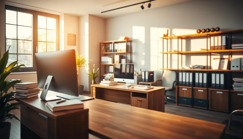 A contemporary office interior with a tastefully designed wooden desk, neatly organized files, and a modern desktop computer setup. A large window floods the space with natural light, casting a warm, inviting glow. Shelves line the walls, displaying various insurance-related documents and resources. The overall atmosphere conveys a sense of professionalism, efficiency, and attention to detail, reflecting the meticulous nature of insurance record-keeping. The image should feel visually balanced, with a clean, minimalist aesthetic that aligns with the article's subject matter.