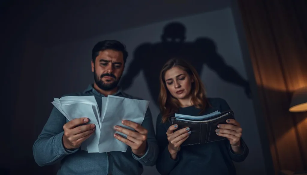 A couple standing anxiously in a dimly lit room, their expressions conveying a sense of vulnerability and uncertainty. The man's hand grips a stack of unpaid bills, while the woman's eyes are fixed on an empty wallet. In the background, a looming shadow of financial peril hovers, casting an ominous atmosphere. Subtle highlights illuminate the scene, creating a sense of foreboding. The polarized lens adds depth and clarity, capturing the stark reality of life without insurance in Germany in the year 2025.