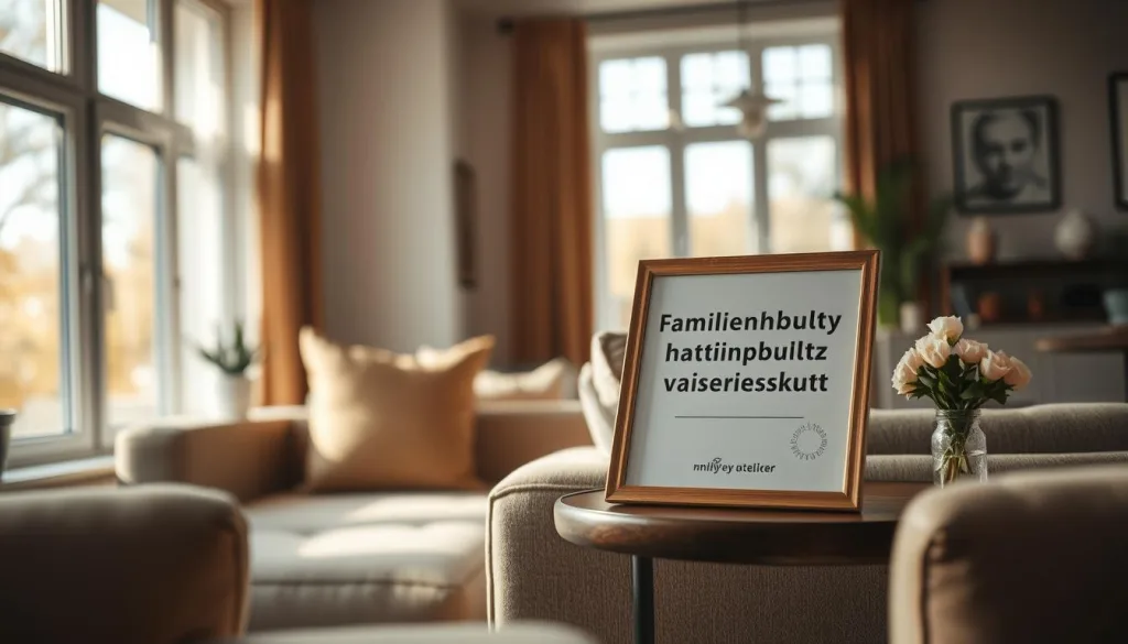 A cozy living room with a plush sofa and armchair, bathed in warm, natural light filtering through large windows. On a side table, a framed document prominently displays the words "Familienhaftpflicht Versicherungsschutz", emphasizing the importance of family liability insurance as a crucial financial safeguard. The room exudes a sense of security and comfort, reflecting the peace of mind that such coverage provides. Carefully curated decor elements, such as a potted plant and a small vase of flowers, add a touch of homeliness to the scene. Shot on a Sony A7R IV with a 70mm lens, the image is sharply defined, with a polarizer filter enhancing the rich, vibrant colors and a hyper-candid, 8K quality capturing every nuance of the domestic setting.