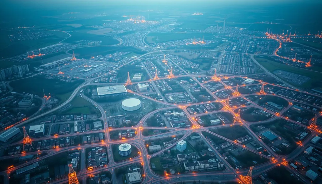 A detailed, high-quality aerial view of the mobile network infrastructure across Germany in the year 2025. The scene depicts a comprehensive overview of the cellular towers, 5G antennas, and interconnected fiber optic cables that enable seamless nationwide mobile coverage. The landscape features a combination of urban, suburban, and rural environments, showcasing the extensive network deployment in both densely populated and remote areas. The image conveys a sense of technological advancement and connectivity, reflecting the advancements in mobile technology and infrastructure in Germany by the mid-2020s. Captured with a Sony A7R IV 70mm lens, the scene is sharply defined, with a polarizer filter creating vivid, hyper-candid details in 8K resolution.