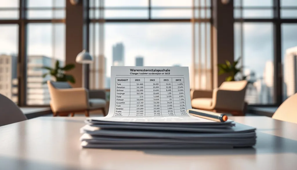 A detailed illustration of the changes to the Werbungskostenpauschale for the year 2025, shot on a Sony A7R IV with a 70mm lens and a polarizer filter. The scene depicts a modern office setting with sleek minimalist furniture, natural lighting, and a large window overlooking a cityscape. The central focus is a neatly organized spreadsheet displaying the updated tax deduction figures, framed by a stack of financial documents and a well-sharpened pencil. The mood is professional and informative, conveying the importance of understanding the new regulations for businesses and individuals.