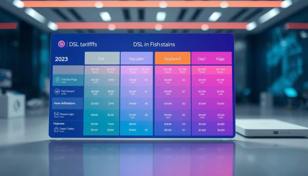 A futuristic and visually compelling comparison of DSL tariffs in 2025, capturing the evolving digital landscape. A clean, modern design showcases key plans, prices, and features in a sleek, grid-like layout. Vibrant colors, gradients, and minimal iconography convey a sense of technological advancement. The scene is captured with a high-end camera, sharp focus, and natural lighting, creating a sense of clarity and professionalism. The overall atmosphere is one of innovation, progress, and informed consumer choice.