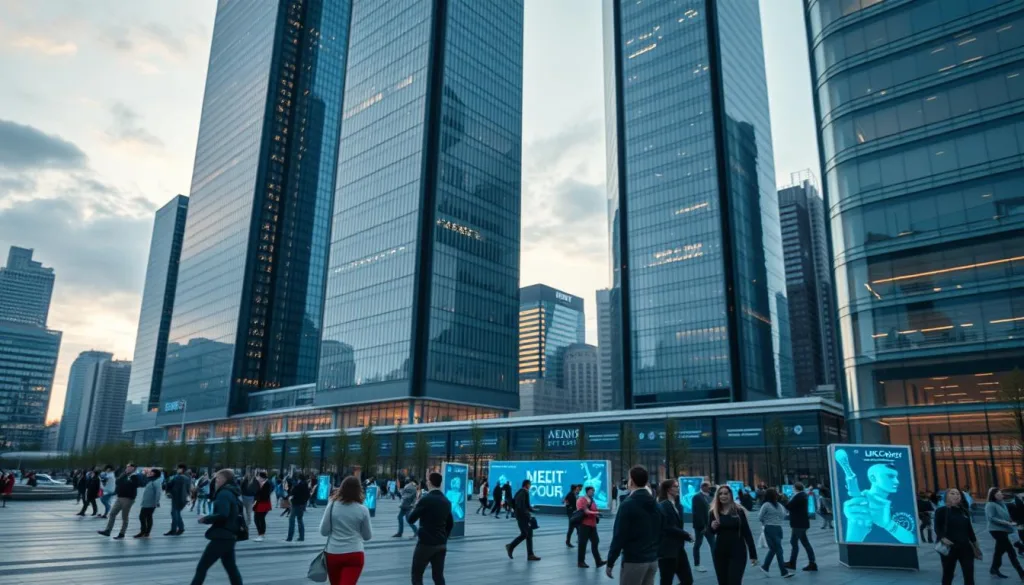 A futuristic cityscape of HUK-Coburg's digital innovations in 2025, captured through the lens of a Sony A7R IV. Towering glass skyscrapers with sleek, minimalist designs reflect the city's commitment to technological advancement. In the foreground, a modern plaza bustles with people interacting with holographic interfaces, their movements crisp and defined thanks to the polarizer filter. The scene is infused with a sense of progress and efficiency, the atmosphere hyper-candid and energetic, captured in rich 8K detail.