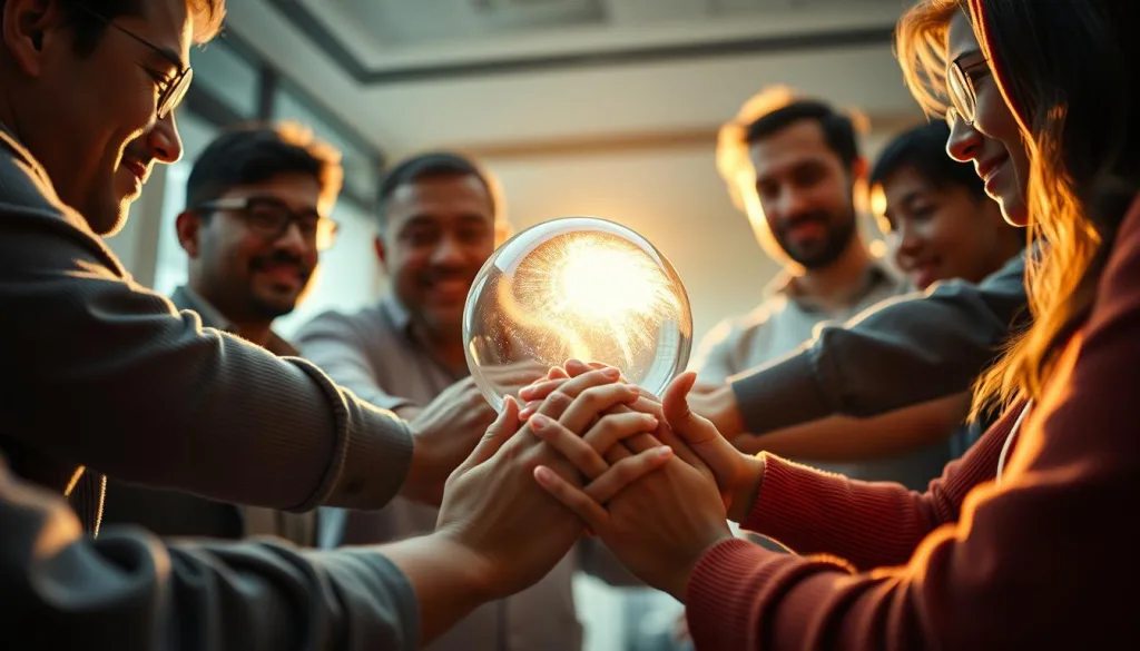 A group of diverse individuals coming together, their hands interlocked, forming a protective circle. In the center, a fragile glass orb representing the shared risk they've agreed to shoulder. Soft, warm lighting illuminates the scene, casting a serene, collaborative atmosphere. The Sony A7R IV camera, equipped with a 70mm lens and polarizer filter, captures the moment in stunning 8K resolution, emphasizing the intricate details and the sense of unity. This hyper-candid image visually encapsulates the principle of risk-sharing in the insurance industry.