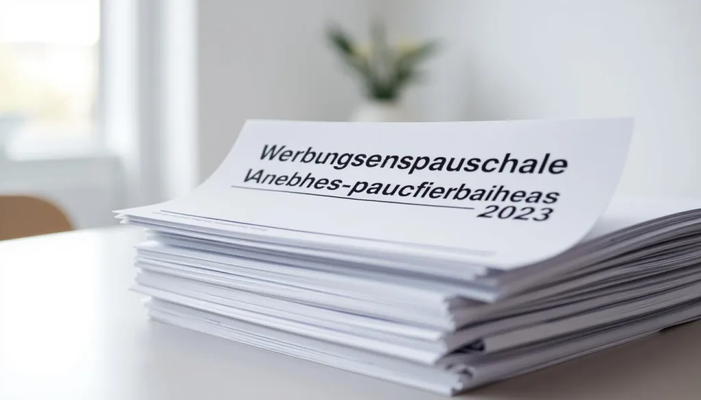 A high-quality, well-lit close-up shot of a stack of official-looking German tax documents with the title "Werbungskostenpauschale Arbeitnehmer-Pauschbetrag 2025" prominently displayed. The documents are neatly arranged on a desk or table, with a clean, minimalist background that emphasizes the subject. The lighting is soft and diffused, creating a professional, authoritative atmosphere. The depth of field is narrow, keeping the documents in sharp focus while blurring the background. The overall impression is one of clear, concise information presented in a visually appealing way.