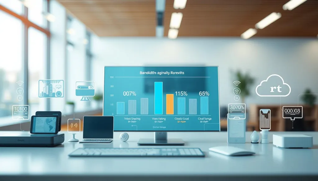 A highly detailed, technically sophisticated illustration of "Bandwidth Requirements for Online Applications", captured with a Sony A7R IV 70mm lens and a polarizer filter. The image depicts a visually striking and hyper-candid representation of the various internet activities and their corresponding bandwidth needs, presented in a clear and organized manner. The foreground showcases a range of common online tasks, such as video streaming, video conferencing, and cloud storage, each with its own bandwidth requirement indicator. The middle ground features a sleek, minimalist data visualization displaying the bandwidth thresholds for these activities, while the background sets the scene with a clean, modern, and visually appealing environment. The overall composition conveys a sense of technical proficiency, clarity, and visual interest, making it an ideal illustration for the "Bandwidth Basics for Different Internet Activities" section of the article.