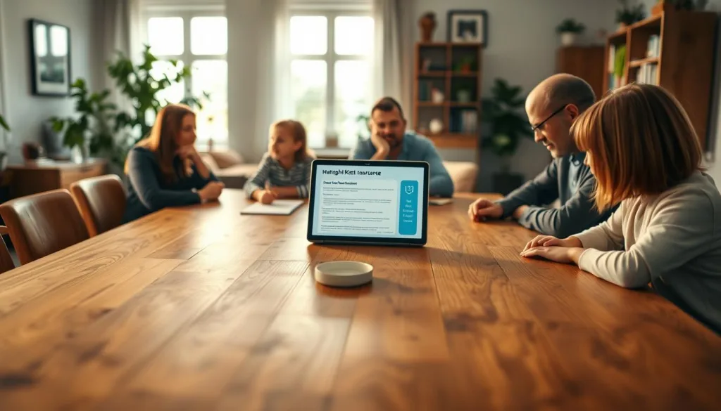 A large, sturdy wooden table with a family gathered around, discussing their Familienhaftpflicht Versicherungsschutz. The lighting is warm and inviting, with a polarizer filter creating subtle reflections on the table's surface. The middle ground features a laptop displaying insurance details, while the background showcases a cozy living room with bookshelves and plants, conveying a sense of security and protection. The atmosphere is one of thoughtful discussion and careful planning, as the family ensures their Haftpflichtversicherung provides a solid foundation for their wellbeing.