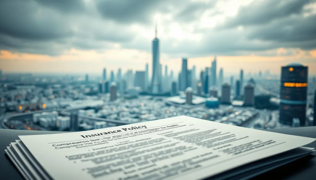 A meticulously crafted panoramic view of the evolving insurance landscape in 2025, showcasing the intricate web of coverages and protections. Captured with a Sony A7R IV 70mm lens, the scene is sharply defined, with a polarizer filter enhancing the vivid colors and contrasts. In the foreground, a detailed model of a comprehensive insurance policy document, its pages crisply rendered. The middle ground unveils a complex maze of interconnected policies, each representing a facet of modern insurance needs. In the background, a futuristic skyline adorned with sleek, high-tech insurance hubs, conveying a sense of progress and innovation. The overall atmosphere is one of hyper-candid professionalism, inviting the viewer to delve into the fundamentals of the insurance jungle.