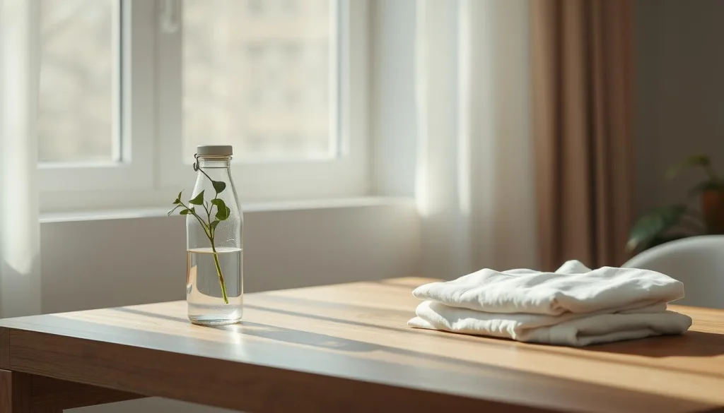 A minimalist still life showcasing conscious consumption: a wooden table with a single potted plant, a reusable glass water bottle, and a neatly folded organic cotton shirt. Soft, diffused natural light streams in through a large window, casting gentle shadows. The scene exudes a sense of tranquility and intention, inviting the viewer to consider the beauty of mindful purchasing decisions. Shot on Sony A7R IV 70mm, clearly focused, sharply defined, polarizer filter, Hyper-candid, 8K.