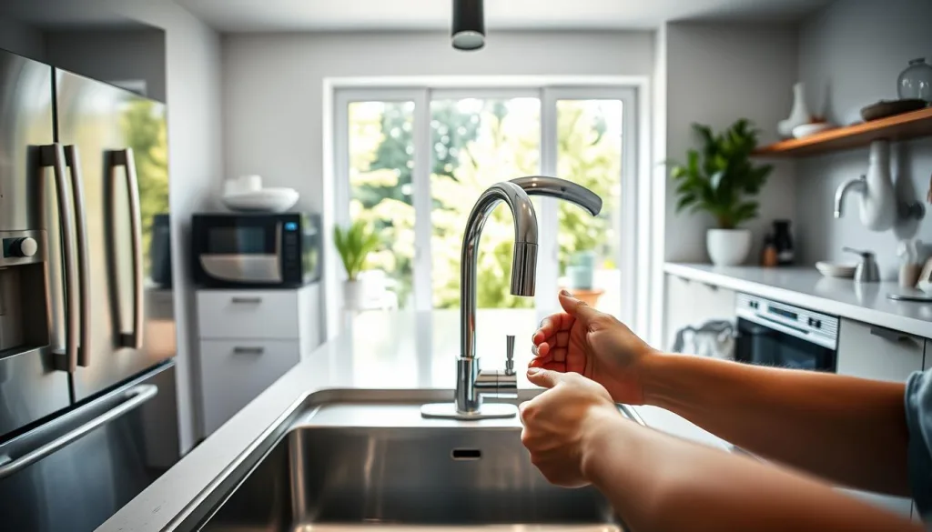 A modern kitchen interior with a sink, faucet, and various water-saving devices prominently displayed. Stainless steel appliances, bright natural lighting, and clean, minimalist design elements create a sleek, efficient atmosphere. In the foreground, a person's hands turning on the faucet, demonstrating water-saving techniques. Midground showcases a water-efficient showerhead, low-flow toilet, and other water-conserving fixtures. The background features a window overlooking a lush, green garden, suggesting the broader environmental benefits of water conservation. Hyper-candid, sharply defined, and shot on a Sony A7R IV with a 70mm lens and polarizer filter to capture the details and mood.