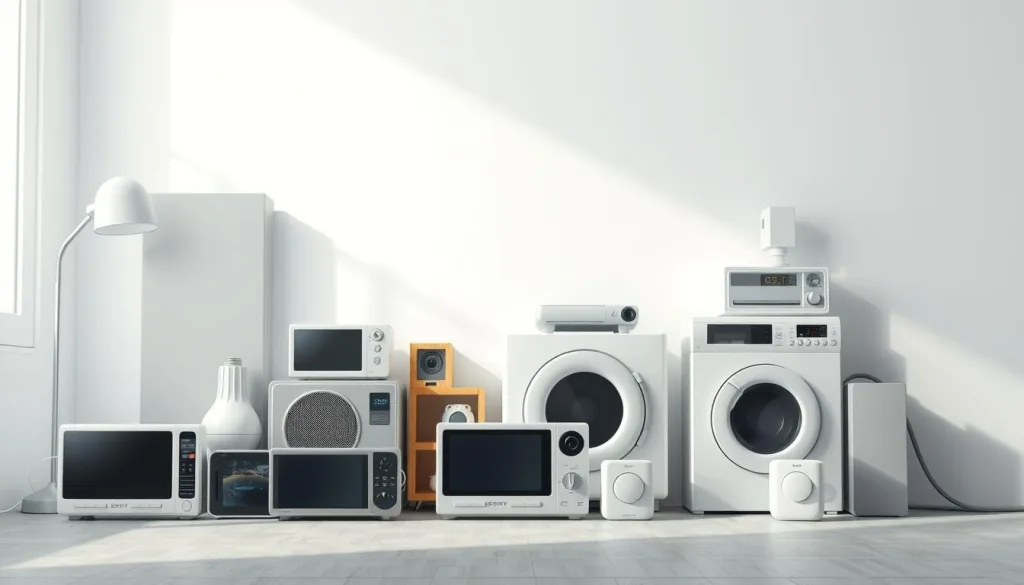 A modern, minimalist illustration showcasing various household electronic devices and appliances, representing the concept of "Stromfresser" or "energy-guzzling devices". The scene is captured with a Sony A7R IV 70mm lens, featuring a polarizer filter for enhanced contrast and clarity. The lighting is natural and Hyper-candid, creating a sharp, focused, and highly-detailed 8K image. The composition emphasizes the importance of identifying and addressing these energy-hungry devices, a key step towards sustainability and energy-efficient living.