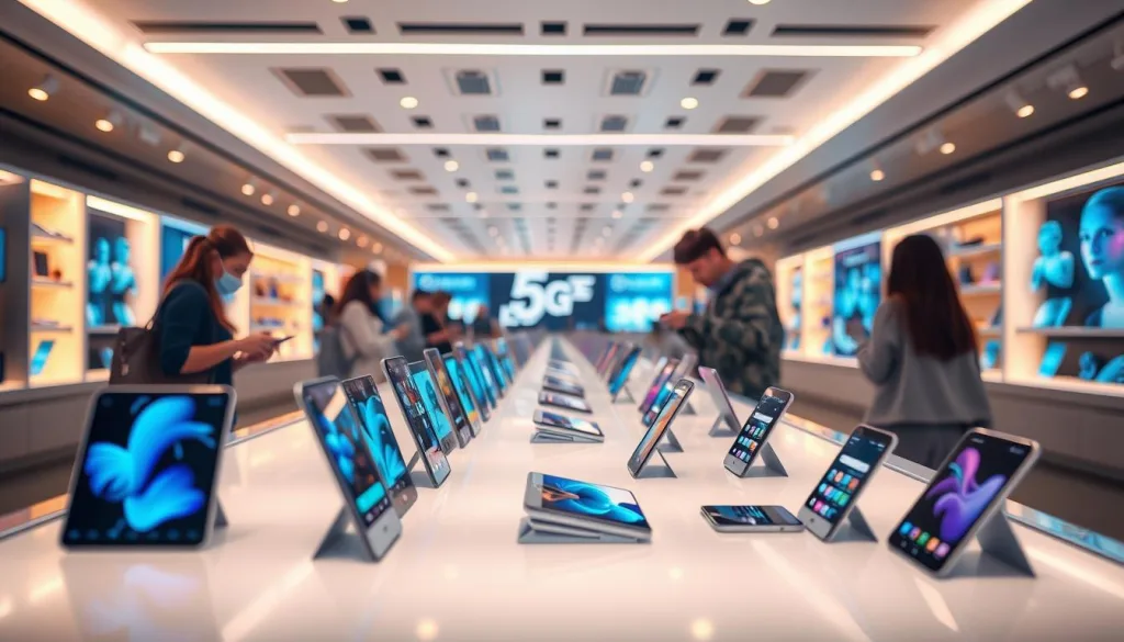 A modern, sleek, and futuristic mobile phone market in 2025. Rows of gleaming 5G-enabled smartphones and tablets are displayed in a bright, minimalist showroom. Holographic screens showcase the latest innovations, from foldable designs to AI-powered voice assistants. Ambient lighting casts a warm, inviting glow, drawing the viewer's attention to the cutting-edge technology. Shoppers carefully examine the devices, immersed in the excitement of discovering the next generation of mobile connectivity. The scene exudes a sense of progress, efficiency, and the promise of a more connected world to come.