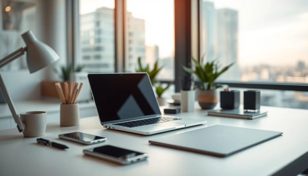 A modern, sleek home office setup with a laptop, smartphone, and various office supplies neatly arranged on a minimalist desk. The scene is bathed in warm, natural lighting from a large window, accentuating the clean lines and neutral color palette. The background features a blurred cityscape, hinting at the digital connectivity and urban setting. The overall atmosphere conveys a sense of productivity, efficiency, and the changing landscape of work in the digital age.