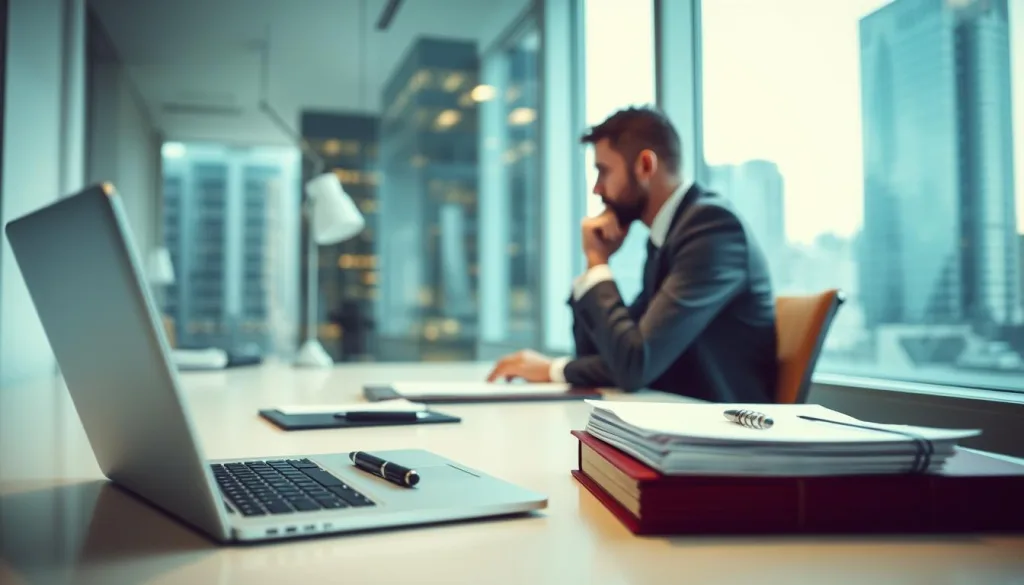 A professional office environment, with a well-lit, modern desk setup. In the foreground, a laptop, a stack of documents, and a pen resting on a clean, minimalist surface. In the middle ground, a person in a suit seated at the desk, deep in thought, contemplating the next steps in the damage settlement process. The background features a large window overlooking a bustling cityscape, providing a sense of context and setting. The overall mood is one of focus, efficiency, and a methodical approach to problem-solving, with a touch of urban sophistication.