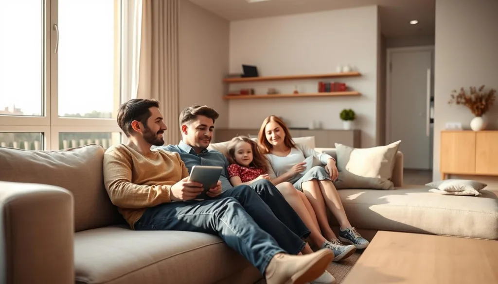 A serene and modern home interior, showcasing the seamless integration of everyday insurance products. A sleek, minimalist living room with large windows, bathed in natural light. A young family relaxes on a plush sofa, their lives protected by comprehensive coverages tailored to their needs - from home and auto to life and health. Subtle visual cues, like an emergency preparedness kit or a tablet displaying insurance policy details, highlight the invisible, yet indispensable role of modern insurance in facilitating a carefree, secure lifestyle. Shot on Sony A7R IV 70mm, clearly focused, sharply defined, polarizer filter, Hyper-candid, 8K.