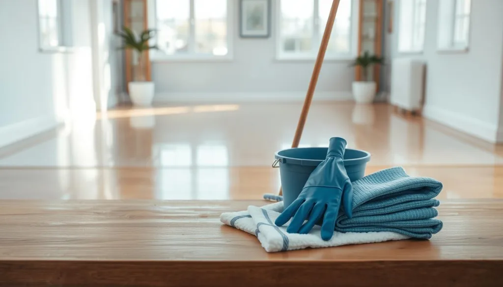 A serene, minimalist scene depicting the initial steps of damage mitigation. In the foreground, a set of tools and supplies - gloves, a mop, a bucket, and absorbent pads - arranged neatly on a plain wooden surface. The middle ground features a partially flooded indoor space, with a clean, polished hardwood floor and a simple, uncluttered interior design. The background is bathed in soft, natural light filtering through large windows, creating a calming, contemplative atmosphere. The overall composition conveys a sense of order, control, and a methodical approach to addressing a crisis situation. Shot on Sony A7R IV 70mm, clearly focused, sharply defined, polarizer filter, Hyper-candid, 8K.
