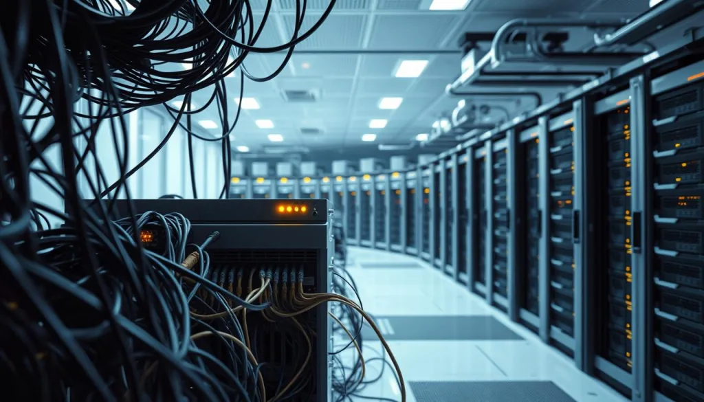 A sophisticated DSL (Digital Subscriber Line) telecommunications infrastructure set against a clean, futuristic backdrop. In the foreground, intricate network cables and modems intertwine, conveying the complexity of the system. The middle ground features a central distribution hub, with sleek, metallic casings and glowing indicator lights, suggesting the efficient processing of data. In the background, a sprawling array of server racks and cooling units, bathed in a soft, ambient glow, represents the vast computational power required to sustain the DSL network. The overall scene is captured with a Sony A7R IV 70mm lens, using a polarizer filter to enhance the clarity and depth of the image, resulting in a hyper-candid, sharply defined 8K representation of the DSL technology infrastructure.
