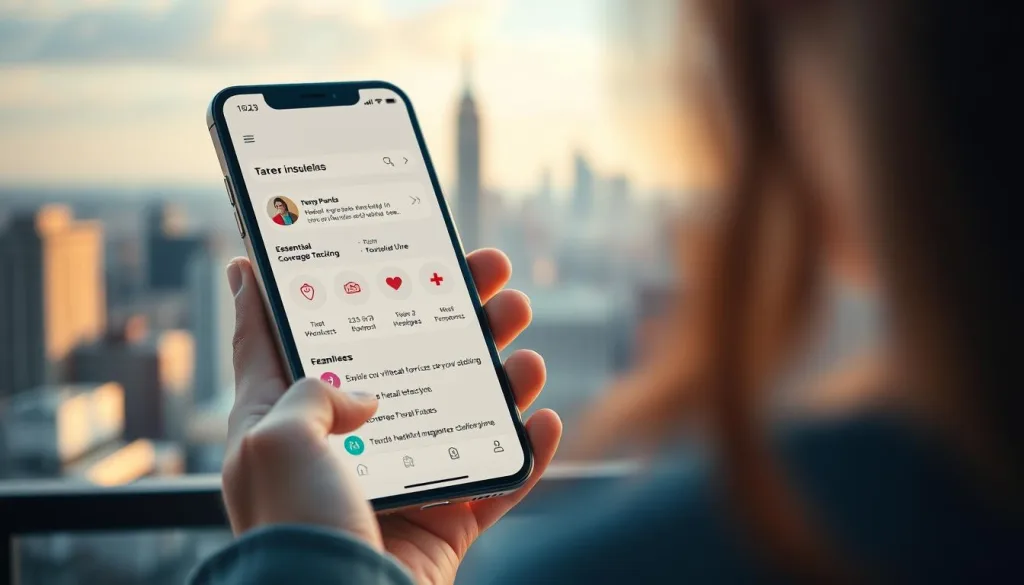 A vibrant and modern health insurance plan for young adults in 2025, captured in a high-resolution, hyper-candid image. The frame is filled with a clean, minimalist design showcasing a sleek mobile app interface. Prominently featured is a personalized dashboard displaying essential coverage details, interactive claim tracking, and seamless access to virtual healthcare services. The background is a softly blurred city skyline, hinting at the digital-first, on-the-go lifestyle of the young professional. Warm, natural lighting accentuates the clarity and intuitiveness of the user experience, conveying a sense of confidence and control over one's healthcare needs.