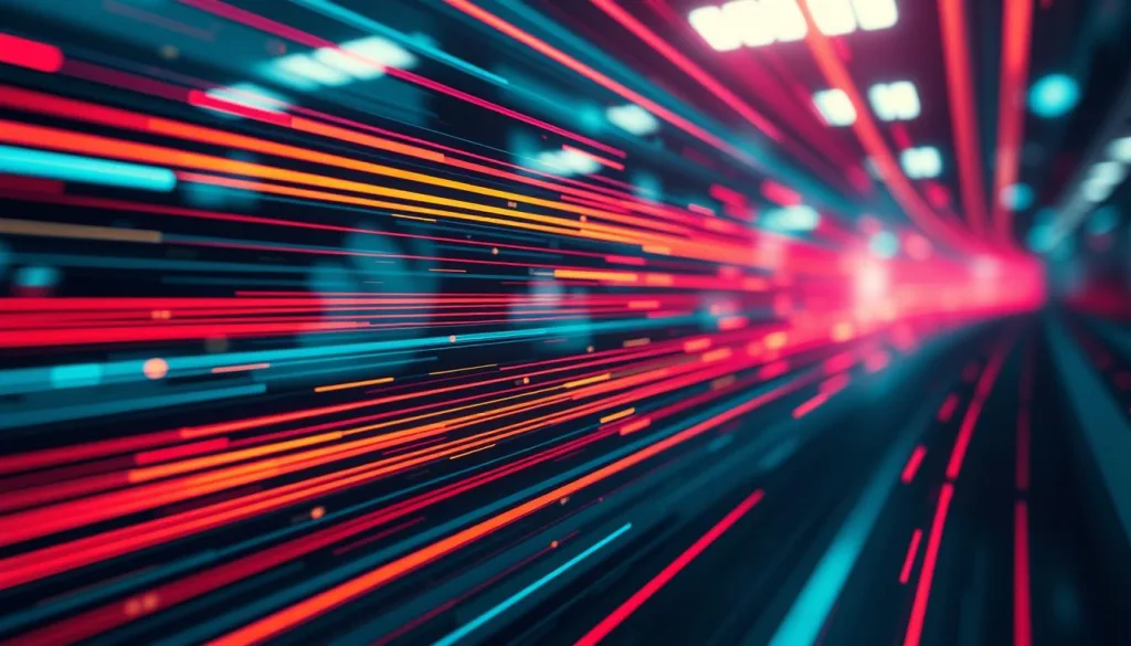 A vibrant, visually striking illustration of broadband internet speed, captured through the lens of a Sony A7R IV camera with a 70mm focal length. The scene is sharply defined, with a polarizer filter adding depth and clarity. The lighting is crisp and hyper-candid, creating a dynamic, almost tangible sense of movement and energy. The image conveys the concept of bandwidth, with bold, abstract lines and shapes representing the ebb and flow of data transmission. The overall mood is one of technological dynamism and innovation, perfectly suited to accompany the article's exploration of internet bandwidth and its practical implications.