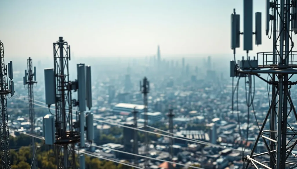 A visually striking, high-resolution image of the 5G mobile network infrastructure in Germany. The foreground features an array of towering cellular antennas, their sleek metallic forms reflecting the blue-tinged sky. In the middle ground, a web of interconnected cables and relay stations creates a dynamic, futuristic landscape. The background gradually fades into a hazy cityscape, hinting at the widespread coverage and integration of this advanced 5G network. The lighting is natural yet dramatic, with sharp shadows and highlights accentuating the technological details. The overall mood conveys a sense of power, progress, and the transformative potential of 5G connectivity in Germany.