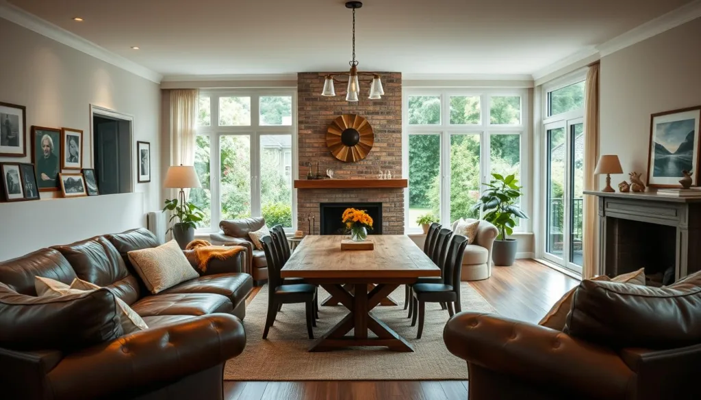 A warm, inviting family home, with a cozy living room featuring plush leather furniture and a fireplace. In the center, a large oak table surrounded by chairs, signifying the importance of family gatherings. On the walls, framed photographs and artwork, reflecting the family's memories and interests. Through the windows, a lush, verdant garden can be seen, symbolizing the protection and nurturing provided by the family's Familienschutz Versicherungen (family protection insurance). The lighting is soft and natural, creating a sense of comfort and security. Shot on a Sony A7R IV with a 70mm lens, the image is sharply defined, with a polarizer filter adding depth and clarity. The overall mood is one of warmth, security, and the importance of family.