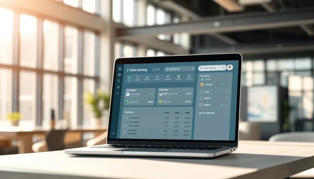 A well-designed online banking interface showcasing intuitive navigation, secure transaction processes, and a clean, minimalist aesthetic. The scene depicts a modern, spacious office environment with ample natural lighting streaming in through large windows. A laptop takes center stage, its screen displaying a sleek, user-friendly online banking dashboard with clear options to manage accounts, track spending, and view transaction histories. The background features a serene, modern workspace with muted tones and a sense of calm efficiency, reflecting the ease and convenience of digital banking.