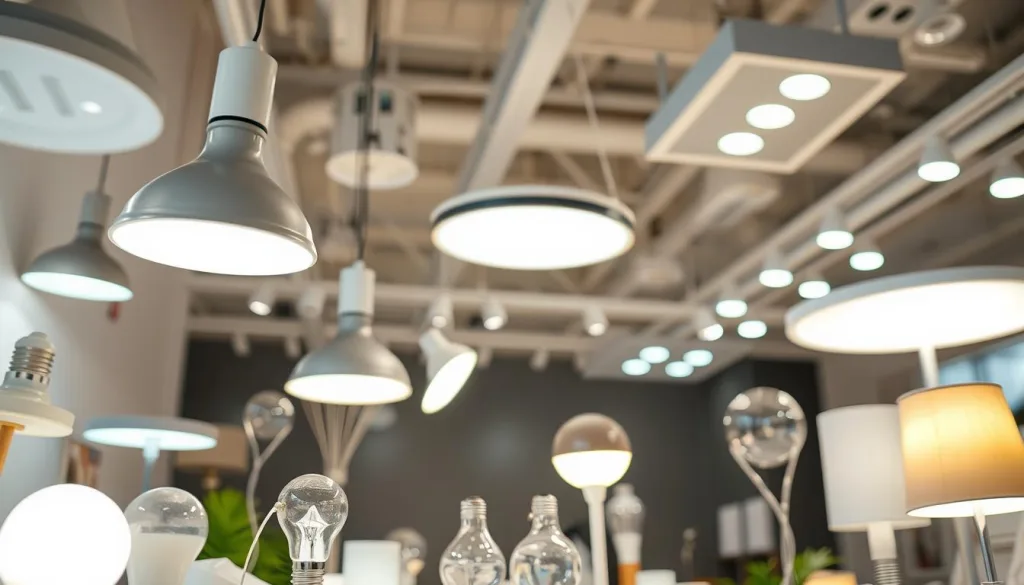 A well-lit display showcasing an assortment of energy-efficient lighting solutions. In the foreground, a variety of LED bulbs and lamps in various shapes and sizes, emitting a warm, inviting glow. In the middle ground, sleek, modern energy-saving light fixtures, their minimalist designs complementing the clean, minimalist aesthetic. In the background, recessed ceiling lights and track lighting cast a soft, even illumination, highlighting the technological advancements in energy-efficient lighting. The entire scene exudes a sense of efficiency, sustainability, and a commitment to reducing energy consumption in the home. Shot on Sony A7R IV 70mm, clearly focused, sharply defined, polarizer filter, Hyper-candid, 8K.
