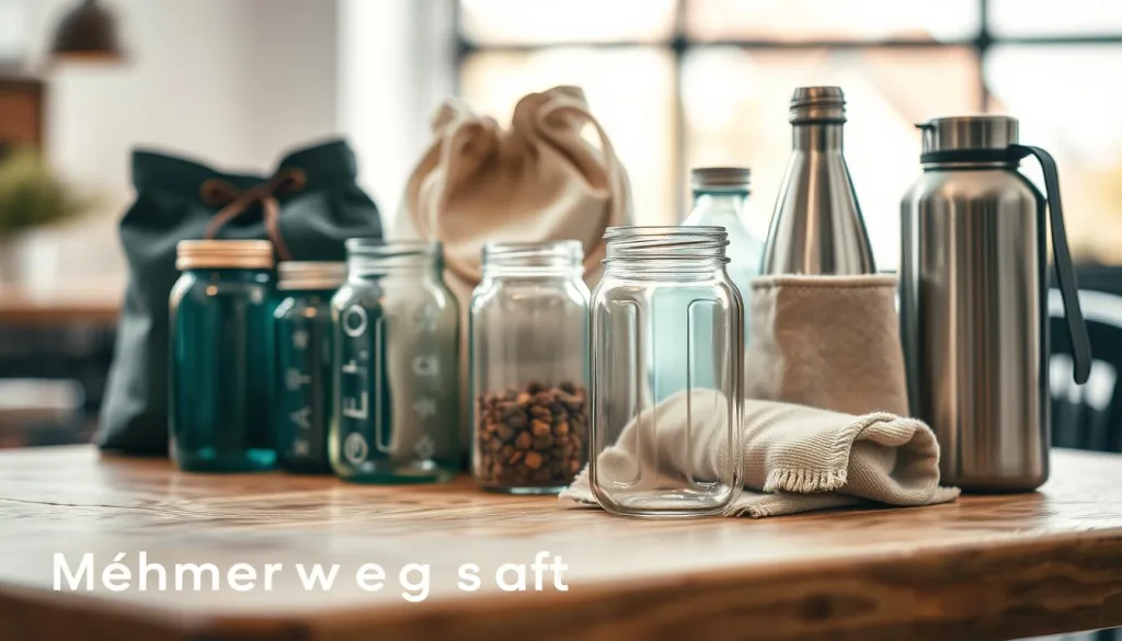 A well-lit scene showcasing a variety of reusable products, including glass jars, cloth bags, and metal water bottles, arranged on a wooden surface. The items are captured with a shallow depth of field, creating a focus on the foreground while the background is slightly blurred, emphasizing the "Mehrweg statt Einweg" (Reusable instead of Disposable) concept. The lighting is soft and natural, casting gentle shadows and highlights to accentuate the textures and materials of the products. The overall mood is one of simplicity, sustainability, and a mindful approach to everyday consumption.