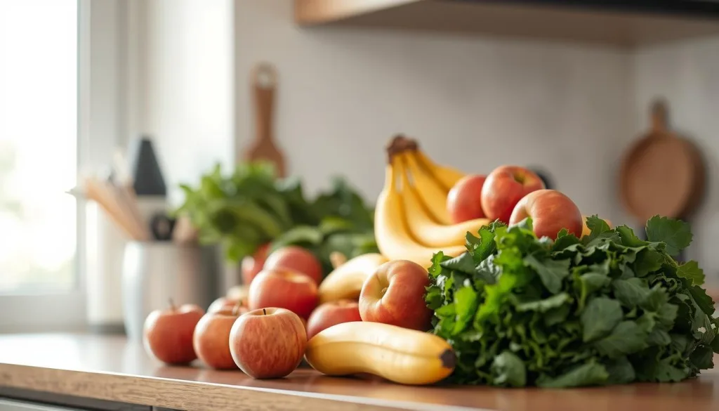 A well-stocked kitchen counter displaying an assortment of fresh produce, including apples, bananas, and leafy greens. The items are neatly arranged, showcasing their vibrant colors and natural textures. Soft, diffused lighting from a nearby window illuminates the scene, casting gentle shadows and highlights. The camera captures this serene, hyper-candid moment with a polarized lens, resulting in a sharply defined, high-resolution image that emphasizes the importance of proper food storage for reducing waste.