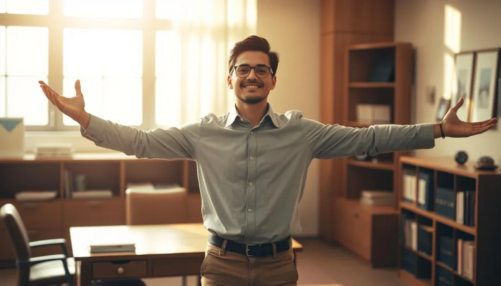 A young adult stands confidently, arms outstretched, embracing the weight of newfound legal responsibilities. The scene is set in a warm, sun-dappled office, with a sophisticated wooden desk and bookshelves in the background, suggesting the gravitas of the occasion. Soft, diffused lighting creates a sense of maturity and professionalism, while a polarizing filter enhances the depth and clarity of the image. The hyper-candid, 8K capture preserves every nuanced expression, highlighting the subject's poise and determination as they navigate this transformative life stage.
