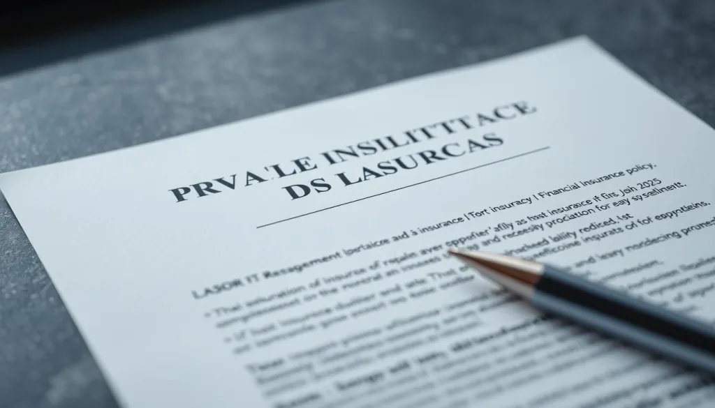 An elegant and modern private liability insurance policy document, presented in a clean and professional layout. The document fills the frame, with a subtle texture or pattern in the background suggestive of security or protection. The focus is sharp, and the colors are muted yet sophisticated, conveying a sense of reliability and trustworthiness. The overall impression is one of a comprehensive insurance solution that provides peace of mind and financial security for the policyholder in 2025.