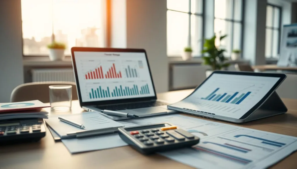 Detailed financial planning and budgeting system in a modern, minimalist office setting. Neatly organized documents, calculators, and a laptop display various financial charts and graphs. Warm, natural lighting filters through large windows, casting a soft glow over the workspace. The scene conveys a sense of organization, productivity, and careful financial management. A sharp, high-resolution image captured with a premium camera setup, highlighting the precision and professionalism of the financial planning process.