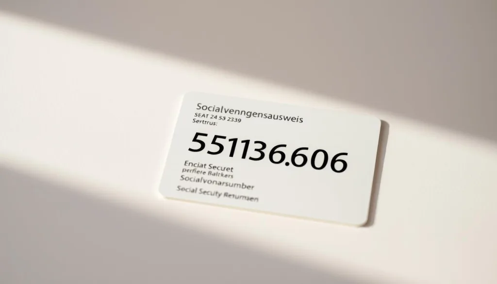 Detailed illustration of a German Sozialversicherungsausweis (social security card) with a prominently displayed Sozialversicherungsnummer (social security number). The card is placed on a plain, neutral-colored background, illuminated by soft, natural lighting from the side. The image is captured at a medium focal length, with a shallow depth of field to emphasize the card. The card itself is shown in sharp focus, allowing the viewer to clearly see the security features, layout, and the social security number. The overall mood is professional, clean, and focused on showcasing the key document.