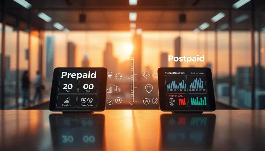 Prepaid versus Postpaid mobile tariffs in 2025, a visually striking comparison. In the foreground, a crisp, detailed display showcases the key distinctions - Prepaid's flexible, pay-as-you-go nature versus Postpaid's monthly subscription model. The middle ground features stylized icons and data visualizations to highlight the unique benefits and drawbacks of each plan. The background blends a futuristic cityscape with technological elements, evoking the modernized telecom landscape of 2025. Lit by warm, directional lighting and captured with a polarizer filter, this hyper-candid 8K shot on a Sony A7R IV 70mm lens provides a visually engaging and technically superior representation of the evolving mobile contract landscape.