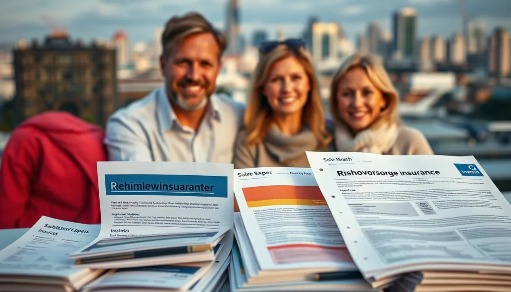 Risikovorsorge durch Versicherungen: A comprehensive financial safeguard against life's uncertainties. A stunning 8K image captured with a Sony A7R IV and a 70mm lens, utilizing a polarizer filter for crisp, vivid clarity. In the foreground, a diverse array of insurance policies - health, auto, home, and life - symbolizing the broad protection they provide. The middle ground features a family, their expressions conveying a sense of security and peace of mind. In the background, a cityscape backdrop, representing the urban landscape where these essential services operate. The overall scene exudes a hyper-candid, sharply defined atmosphere, emphasizing the crucial role of insurance in modern German society.