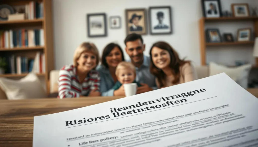 Shot on Sony A7R IV 70mm, a detailed and sharply defined life insurance policy document titled "Risikolebensversicherung Todesfallabsicherung" lies on a wooden surface. The document is highlighted by soft, directional lighting, creating a warm, professional atmosphere. In the middle ground, a family gathers around the table, their faces expressing a sense of financial security and well-being. The background features a cozy domestic setting, with shelves of books and framed photographs, conveying the importance of protecting one's loved ones. The overall mood is one of reliability, responsibility, and the peace of mind that comes with having the right insurance coverage in place.