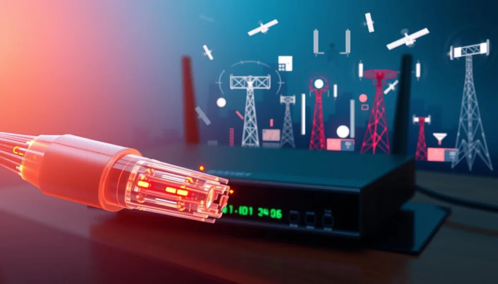 Shot on Sony A7R IV 70mm, a detailed and technical illustration of the key internet technologies that will be prevalent in 2025. In the foreground, a modern fiber optic cable with glowing data signals, conveying the speed and capacity of this network infrastructure. In the middle ground, a sleek DSL modem symbolizing the continued role of digital subscriber line technology. In the background, a cloud-like network of wireless towers and satellites, representing the growing 5G and satellite internet connectivity. The scene is sharply defined, with vivid colors and a polished, hyper-candid aesthetic, creating a clear and compelling visualization of the "Breitbandausbau Technologien 2025".