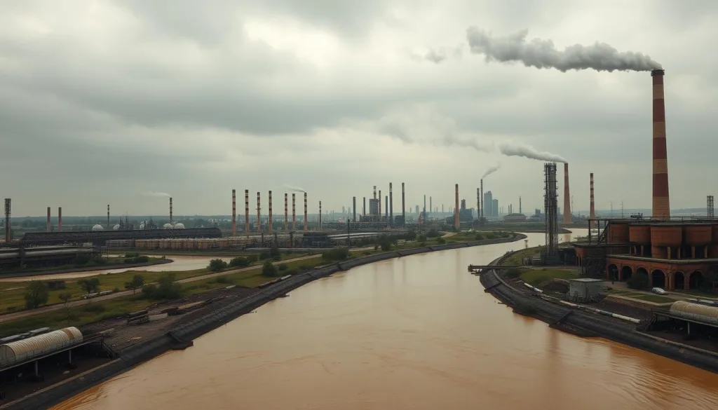 Shot on Sony A7R IV 70mm, clearly focused, sharply defined, polarizer filter, Hyper-candid, 8K. A sprawling industrial landscape, with towering smokestacks and pipes belching thick, toxic plumes of smoke into a gloomy, overcast sky. In the foreground, a murky, discolored river winds its way through the scene, its surface marred by a shimmering film of chemical waste and industrial runoff. Rusted storage tanks and decaying infrastructure line the riverbanks, a testament to the neglect and disregard for the environment. The overall mood is bleak and foreboding, conveying the devastating impact of unchecked industrial pollution on the natural world.