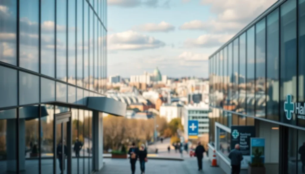 Shot on Sony A7R IV 70mm, clearly focused, sharply defined, polarizer filter, Hyper-candid, 8K. An expansive, immersive view of the German health insurance system, Krankenkassen, serving as the cornerstone of the nation's healthcare infrastructure. In the foreground, a modern hospital facade with clean lines and glass panels, representing the public healthcare facilities. The middle ground features a bustling city street, with people navigating the complexities of the insurance system. In the background, a panoramic skyline of urban centers, symbolizing the nationwide scope of the Krankenkassen network. The overall atmosphere conveys a sense of efficiency, accessibility, and the vital role these institutions play in the lives of German citizens.
