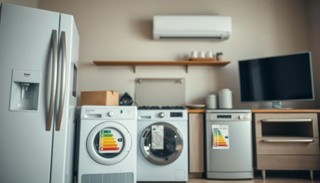 Shot on Sony A7R IV 70mm, clearly focused, sharply defined, polarizer filter, Hyper-candid, 8K. A detailed, high-resolution image of various household appliances with prominent energy efficiency labels. The foreground features a refrigerator, washing machine, and television, all displaying their respective energy ratings. In the middle ground, a range, dishwasher, and air conditioner unit are also shown with their corresponding labels. The background depicts a subtle, neutral-toned interior setting, allowing the appliances and their energy information to be the central focus. The overall scene conveys a sense of informative clarity, highlighting the importance of recognizing energy-efficient household devices.